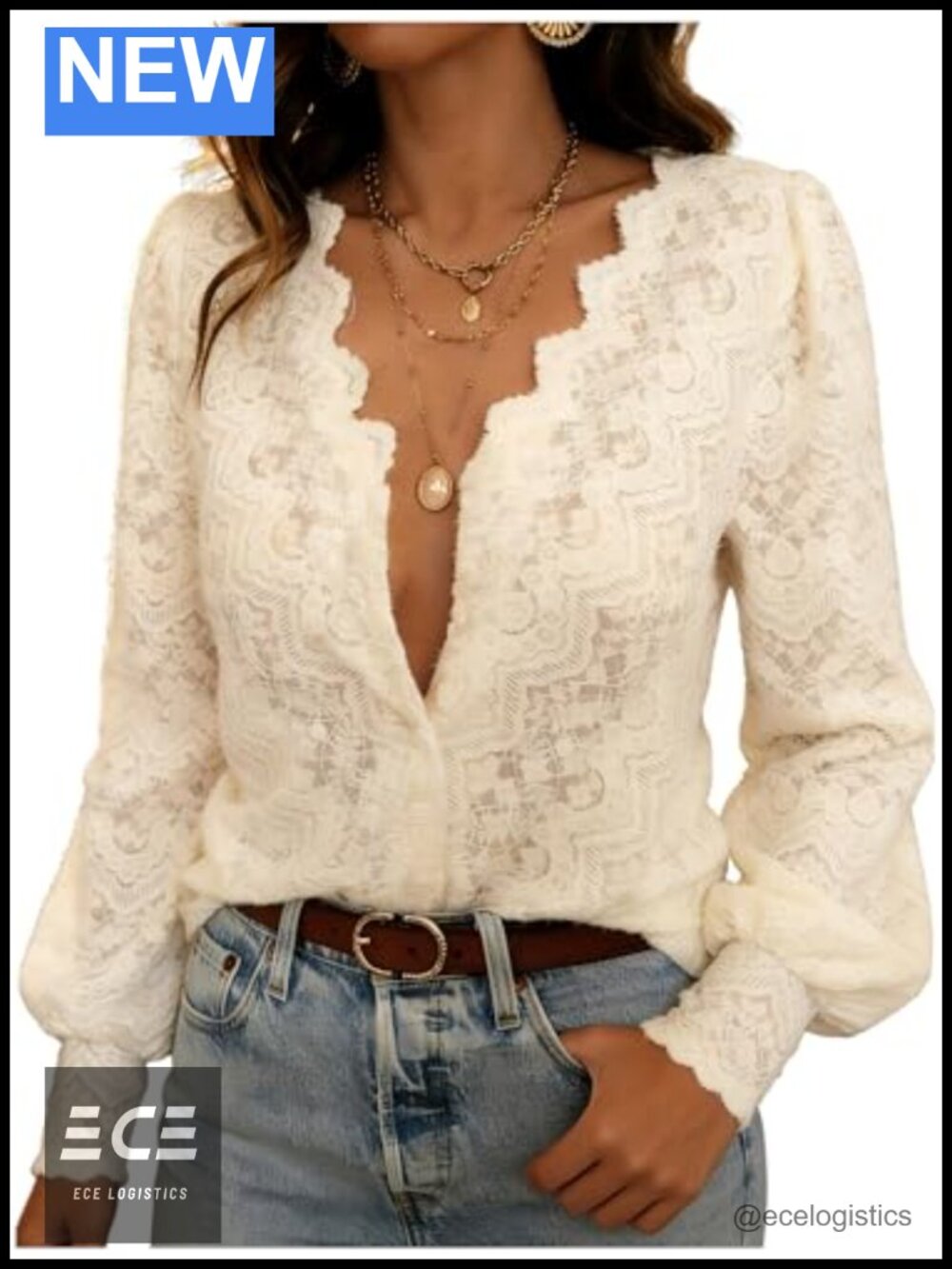 Women's Lace Button Up Shirt Boho Peasant Blouse Round Neck Long Sleeve